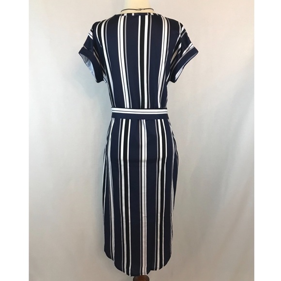 Navy & White Striped Short Sleeve O-Neck Midi - Picture 7 of 8